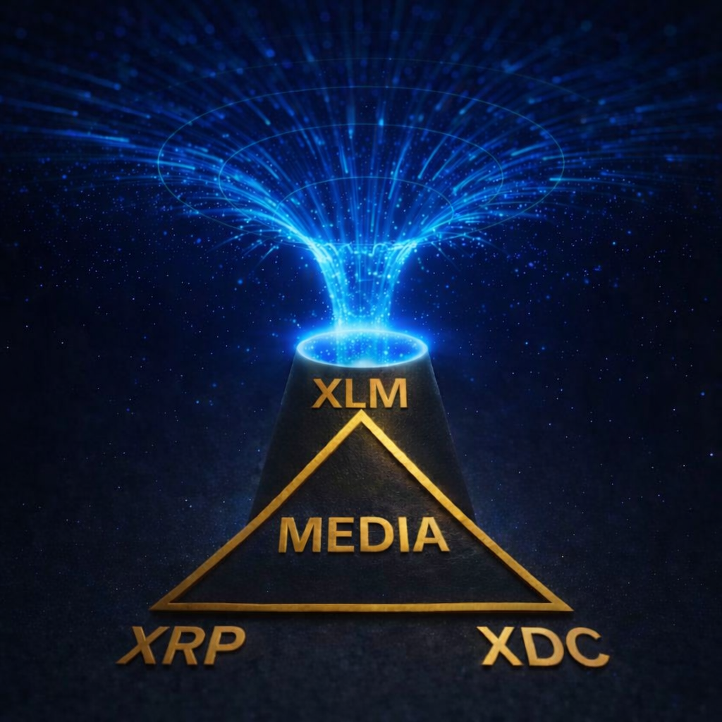 Blue black hole pool representing entry into the token economy, leading into a gold triangle with XLM at the top, XRP on the bottom left, XDC on the bottom right, and “Media” at the center